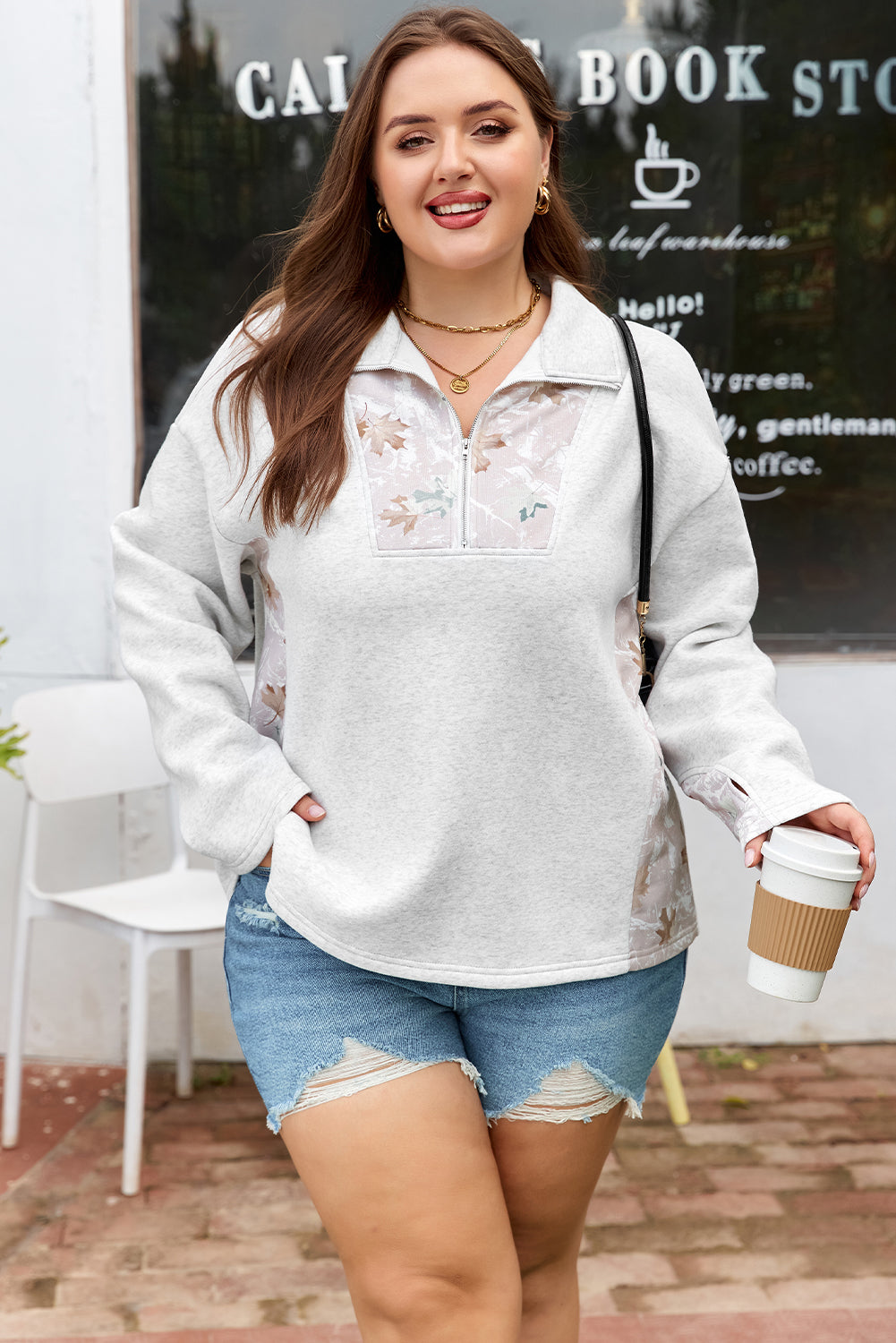 Gray Camo Leaves Zipped Collar Sweatshirt Plus Size Dear-Lover Dropshipping